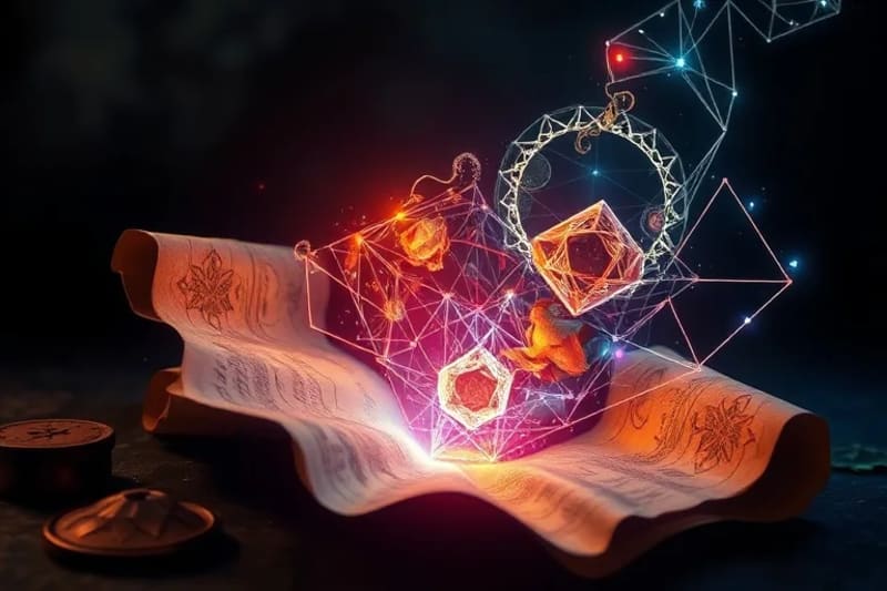 Ancient scrolls transforming into digital light streams, symbolizing knowledge transmission.