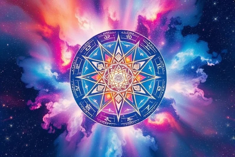A glowing geometric mandala within a cosmic nebula, with ascending figures.