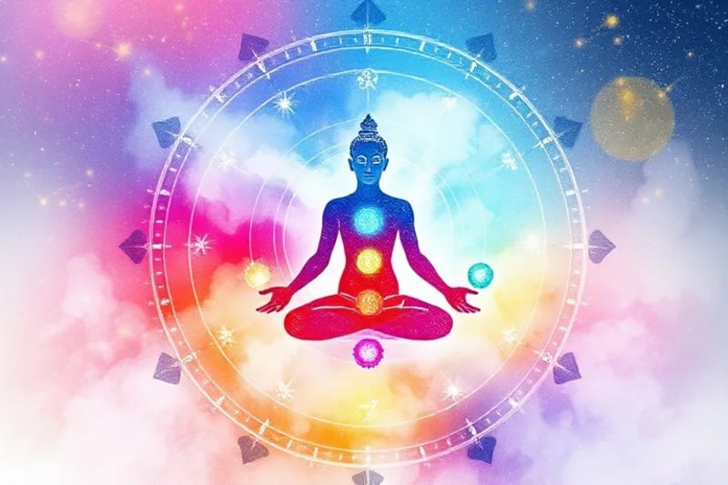 Ilustración de chakras estilizados con símbolos planetarios