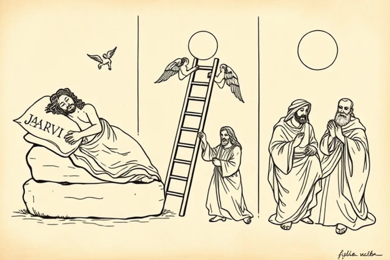 Pintura al óleo de Jacob soñando con la escalera al cielo y ángeles