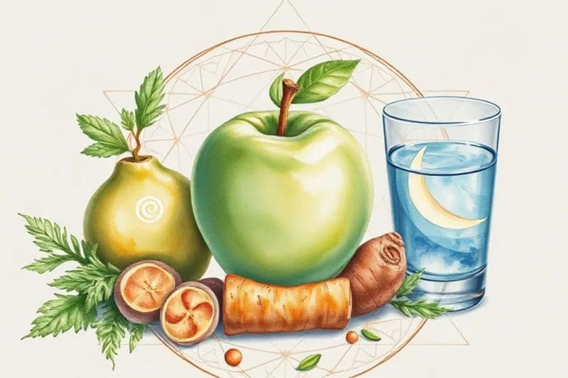 Watercolor painting of various foods with subtle planetary symbols