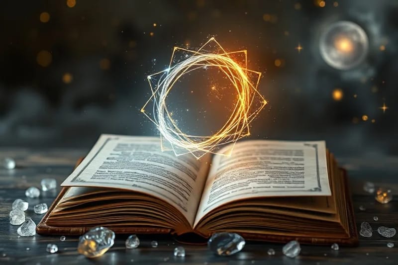 Representación conceptual de los Nodos Lunares como hilos de luz entrelazados sobre un libro de astrología.