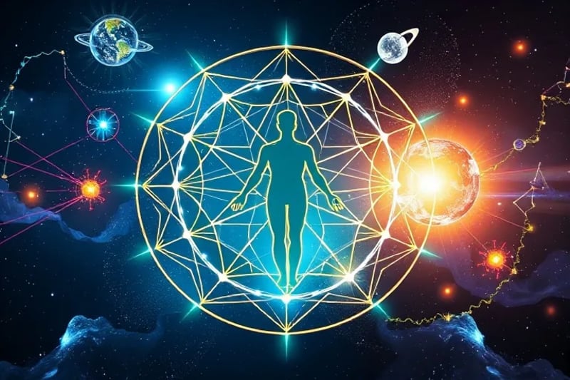 3D render of human energetic system connecting to cosmic elements