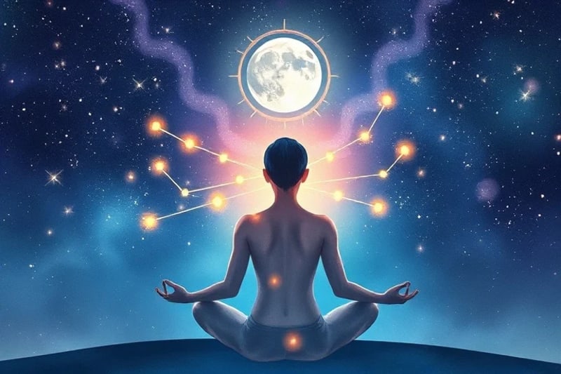 Figura humana meditando bajo un cielo estrellado, conectada a la Tierra y la Luna.