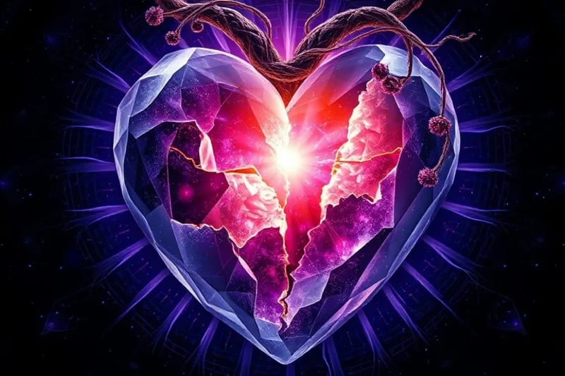 Shattered crystal heart with dark energy tendrils, surrounded by intertwining vines and glowing threads.
