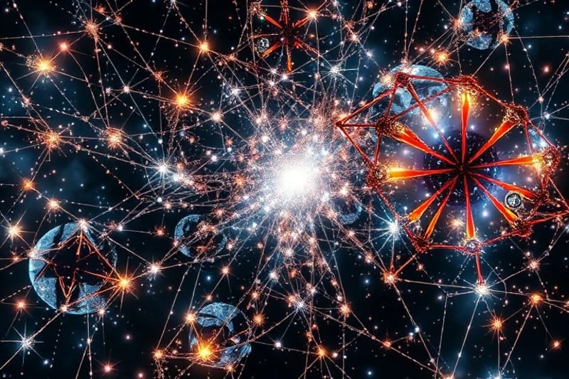 Interconnected web of shimmering energetic lines and nodes, with dark clusters and bright pathways.