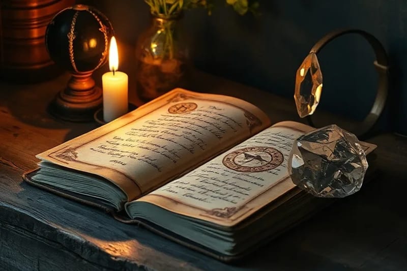 Diario abierto con símbolos esotéricos y reflexiones, junto a una esfera de obsidiana y un cristal de cuarzo, iluminados por una vela.