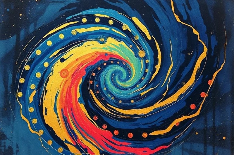 Representación abstracta del equilibrio cósmico, un vórtice de colores índigo y dorado con patrones geométricos, simbolizando la evolución.