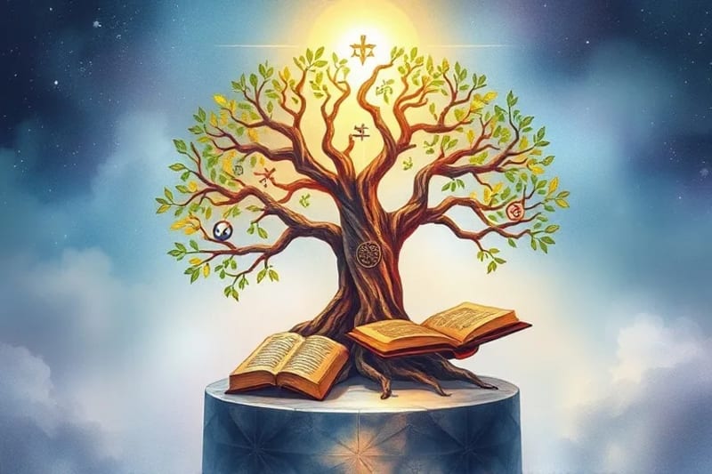 Árbol de la vida estilizado con símbolos herméticos y cristianos