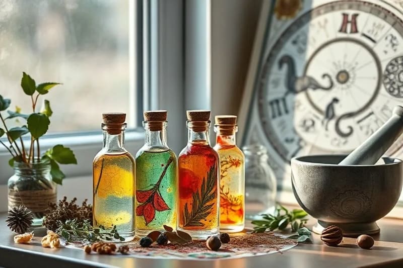 Bodegón de elixires herbales, hierbas secas y carta astrológica