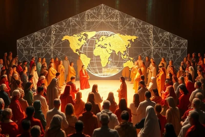 Grupo diverso de personas alrededor de una proyección holográfica de textos sagrados o ayuda humanitaria