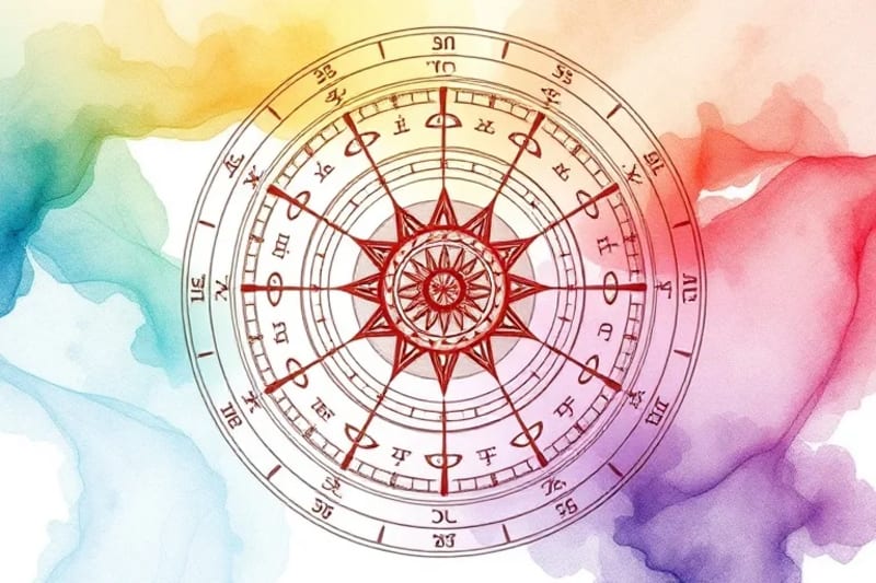 Intricate astrological chart wheel with calculations