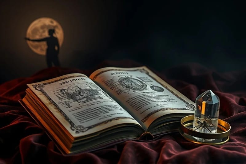Antique book of destinies with esoteric symbols and glowing compass
