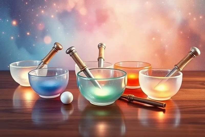 Cuencos de cristal y diapasones con símbolos astrológicos sutiles