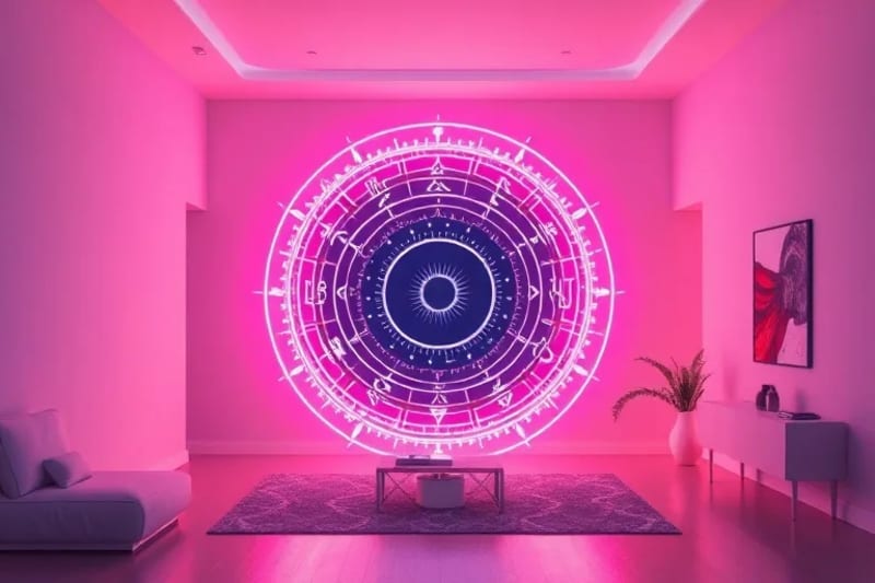 Vórtice de energía abstracta con patrones planetarios en un espacio moderno