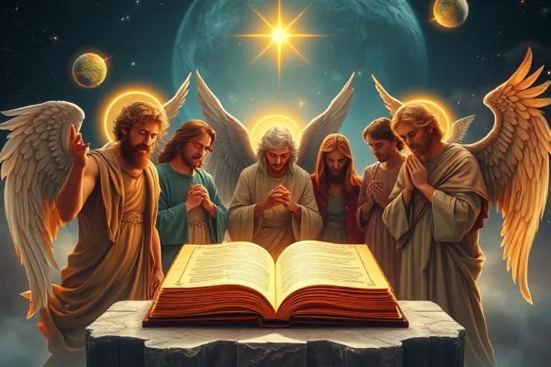 Grupo de arcángeles en meditación, rodeados de energías cósmicas y mapas terrestres, simbolizando su intercesión colectiva por la humanidad.