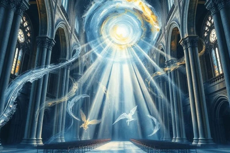 Pintura abstracta en acuarela que muestra patrones de luz azul, dorado y plata entrelazados, conectando cuerpos celestes y paisajes terrestres, simbolizando la influencia divina.