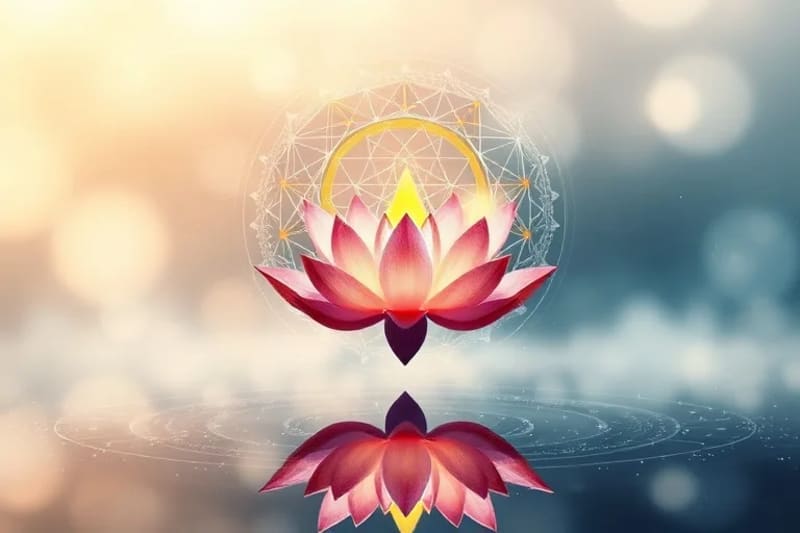 Oil painting of a lotus flower with digital patterns