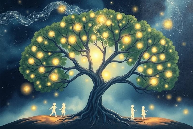 Pintura de acuarela de un árbol genealógico estilizado con raíces entrelazadas, simbolizando el karma familiar y los patrones heredados.