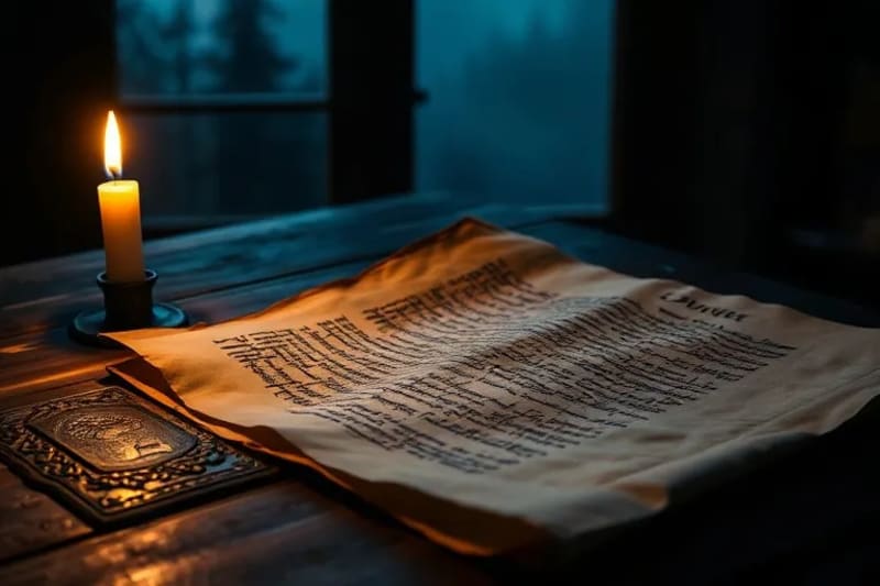 Primer plano de un pergamino antiguo con escritura gótica, iluminado por la luz de una vela.