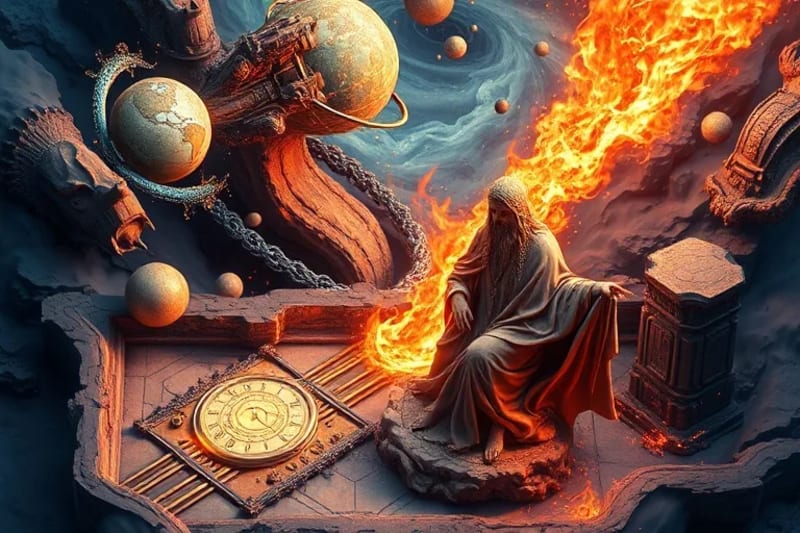 Ilustración abstracta de un cosmos en agitación, con elementos celestiales y símbolos de juicio.