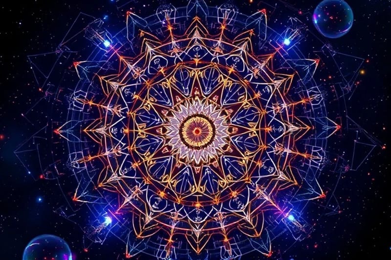 Abstract 3D render of intricate gears and ethereal light, symbolizing the complex, unseen mechanisms of celestial movements and their role in manifesting reality.