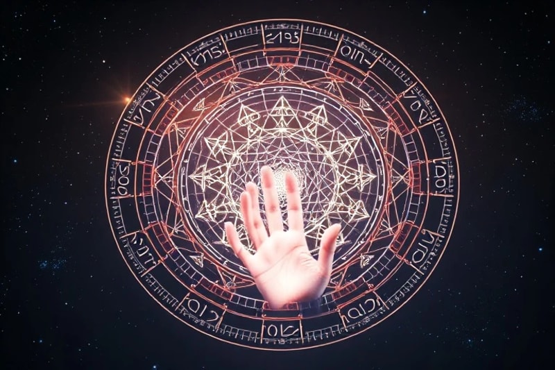 Representación conceptual de una carta natal holográfica con símbolos herméticos.