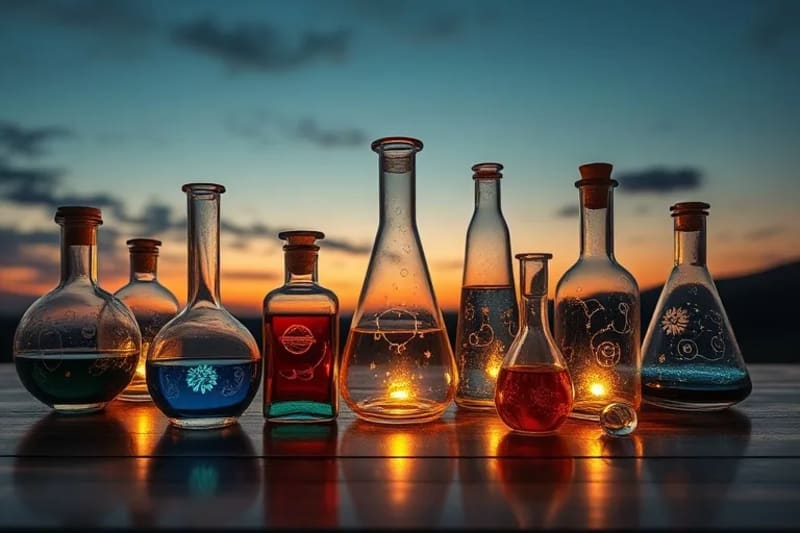 Intricate glass vials and beakers holding shimmering, glowing elixirs with planetary symbols etched into the glass, representing crafted remedies.