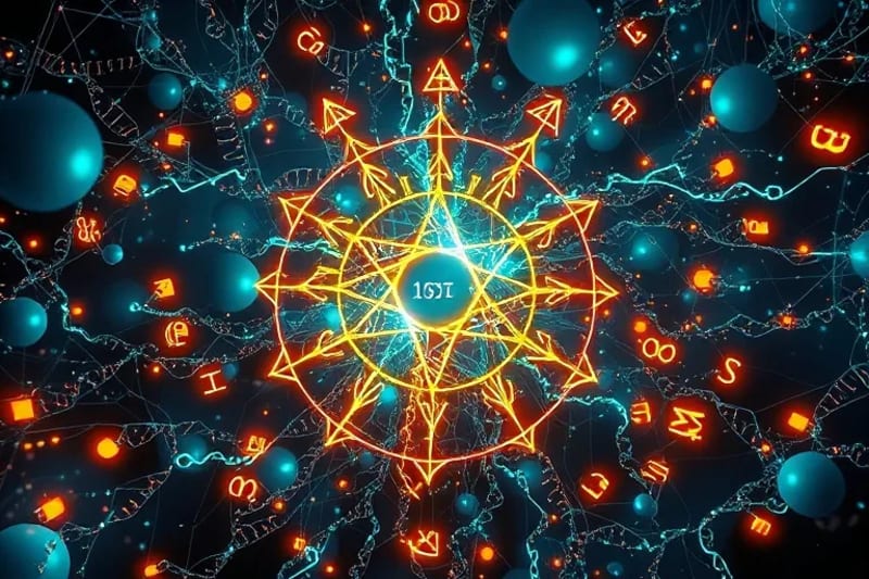 Red neuronal interconectada con símbolos geománticos ancestrales y patrones digitales
