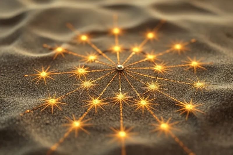 Patrones de arena geománticos con proyecciones de luz digital, simbolizando el análisis algorítmico