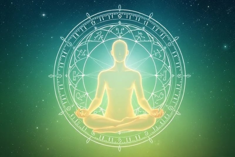 Meditating figure surrounded by abstract zodiac symbols and flowing energy, representing personal spiritual evolution.