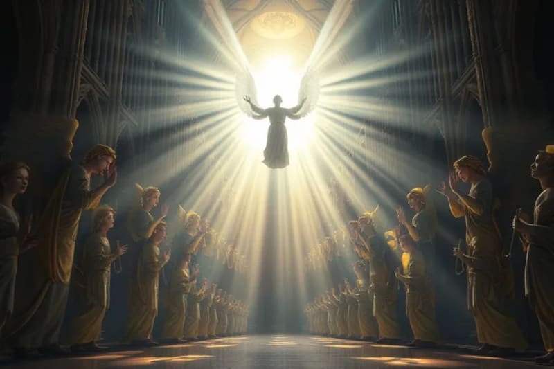 Jerarquía Angélica: Orden Celestial y Luz Divina Representación etérea de la jerarquía angélica con luz divina y figuras celestiales en un cosmos ordenado.