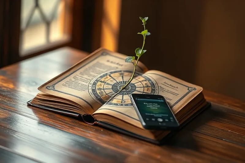 An antique book titled 'Ancient Wisdom' open to a zodiac wheel, next to a modern smartphone and a sprouting plant, symbolizing the integration of old and new knowledge for growth.