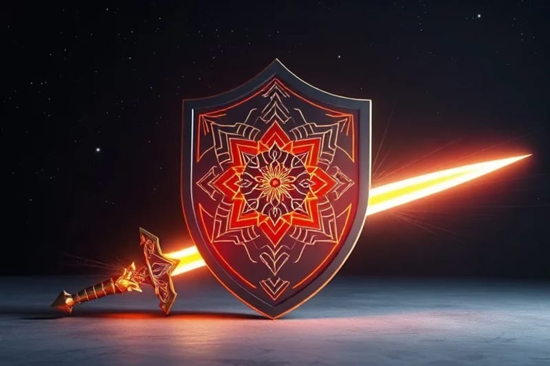 Símbolos de Autoridad Celestial y Protección Representación de un escudo y una espada etéreos con luz divina, simbolizando protección y autoridad celestial.