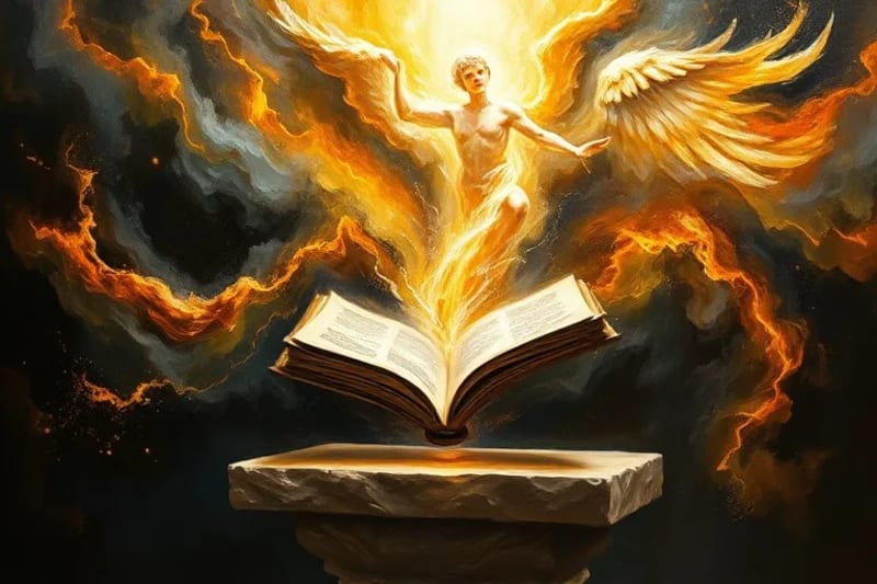Batalla Espiritual: Luz contra Sombra Pintura abstracta de un conflicto espiritual entre luz y sombra, con formas etéreas que sugieren intervención divina.