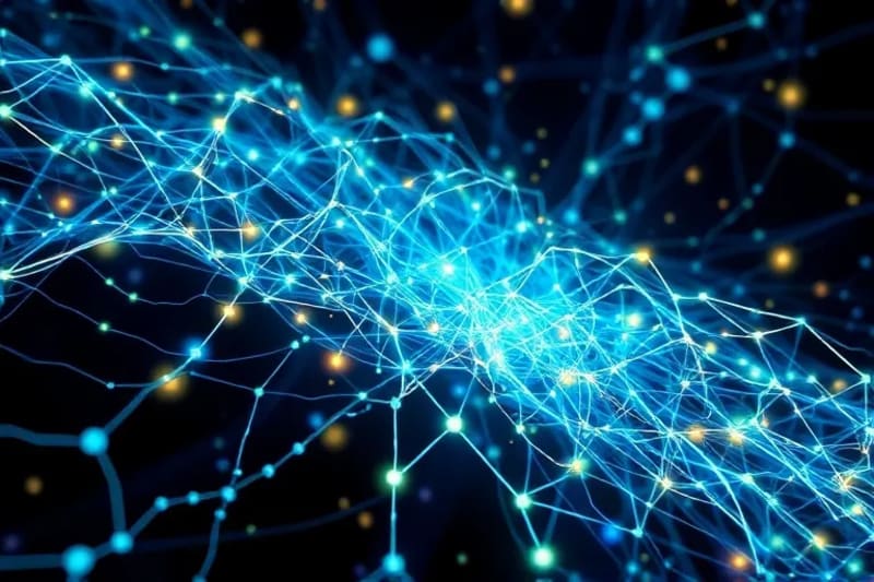 3D render of quantum foam with glowing, interconnected threads of energy forming complex, dynamic patterns.