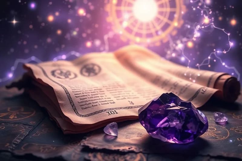 Pergaminos antiguos con símbolos esotéricos y luz violeta