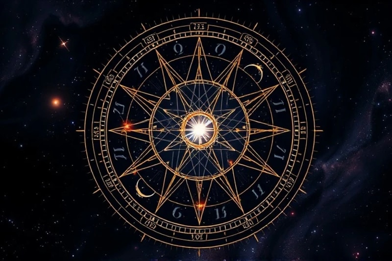 Abstract digital painting of critical degrees in a cosmic astrological chart