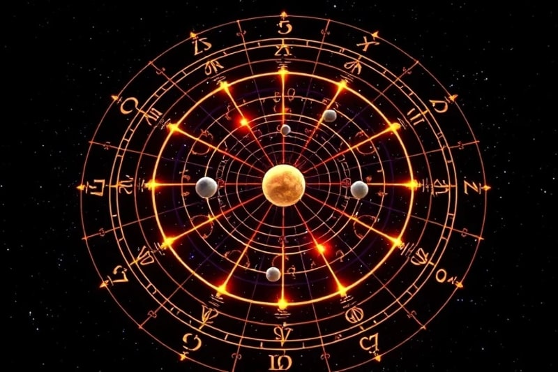 3D render of planetary transits with glowing trails on an astrological grid