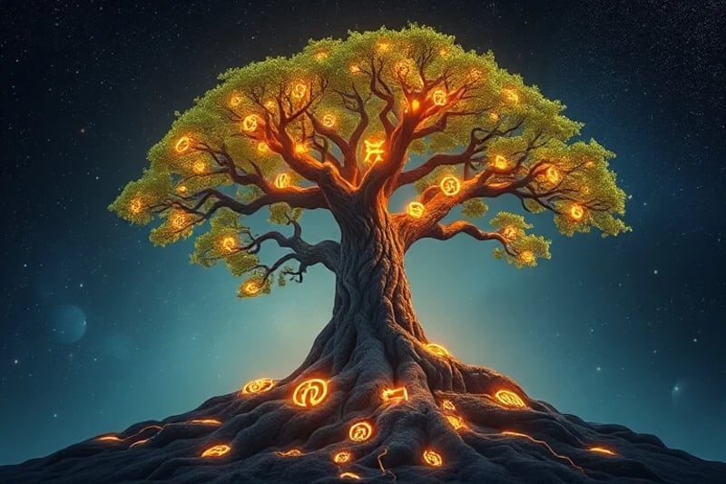 Árbol de la vida con raíces en el pasado y ramas en el futuro