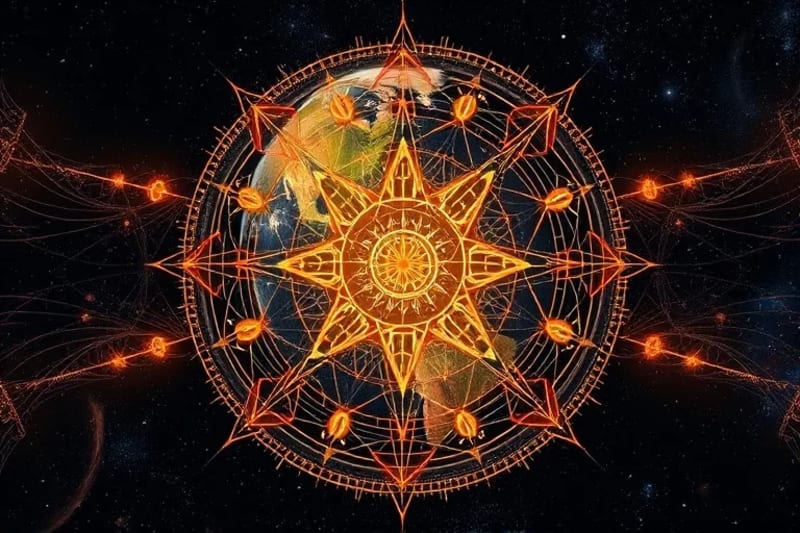 Stylized map showing Earth with glowing ley lines and energy vortexes, overlaid with ancient symbols and architectural blueprints, representing geomancy.