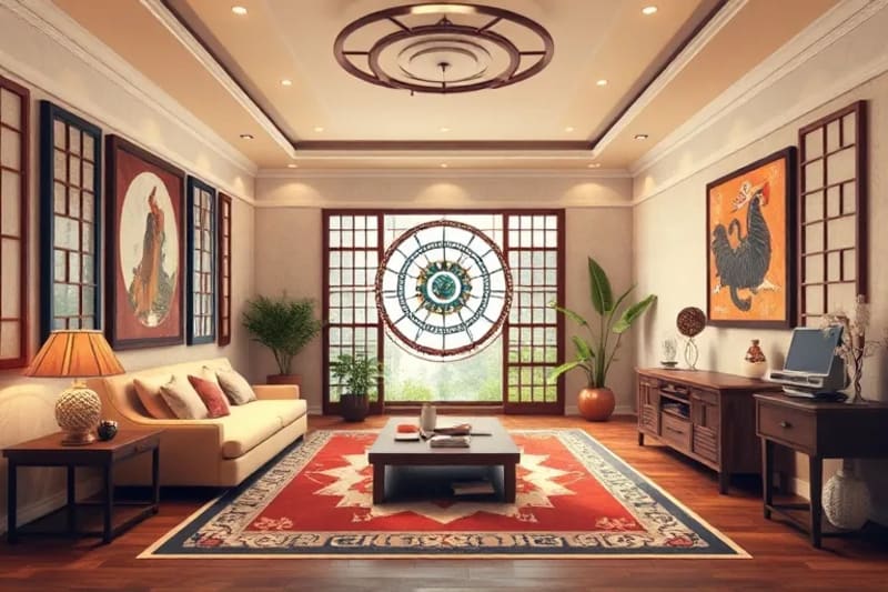 Meticulously arranged interior space with visible Chi energy flow, showcasing balanced elements of wood, water, fire, earth, and metal through decor.