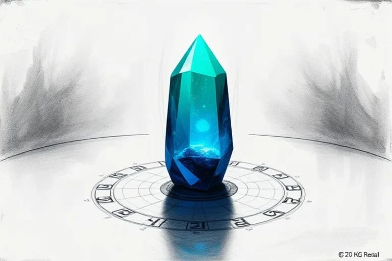3D render of a serene, glowing crystal formation with abstract numerical glyphs.