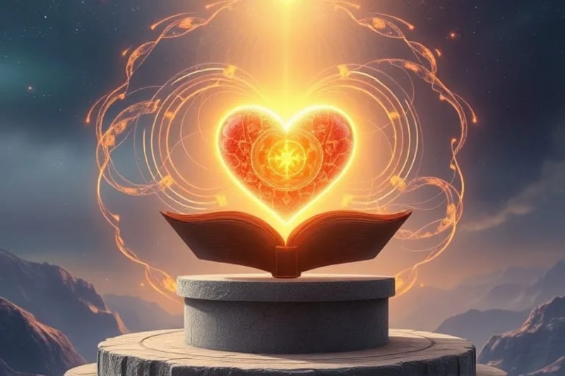 Corazón luminoso abstracto rodeado de escudos de energía protectora, simbolizando la victoria interior y la paz