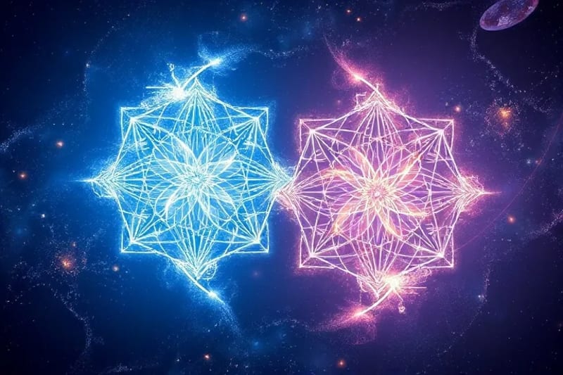 Quantum Entanglement: Invisible Threads of Connection Abstract depiction of two interconnected energy fields representing quantum entanglement and spiritual bonds
