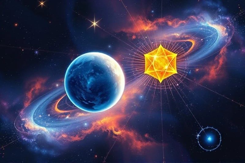 Synastry: Cosmic Dance of Two Souls Surrealist painting of two celestial bodies intertwined, symbolizing astrological synastry