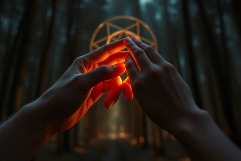 Soul Connection: The Unseen Bond Cinematic photography of two hands almost touching, with luminous energy lines, symbolizing deep non-local connection