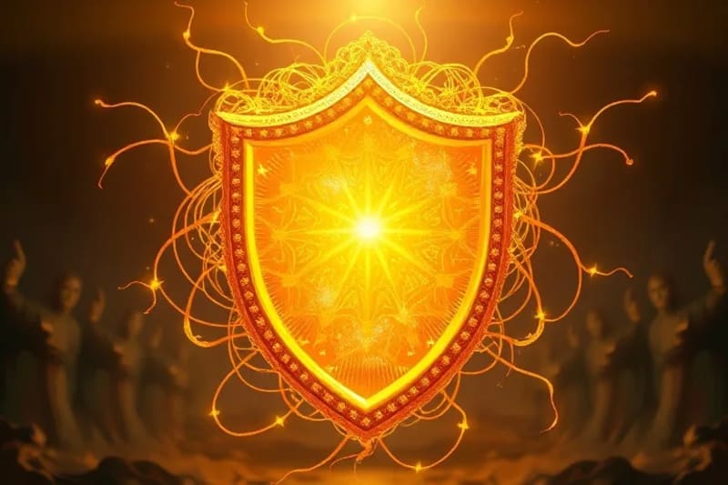 Escudo de luz dorada con símbolos de protección espiritual