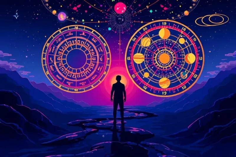 Person at crossroads with astrological charts