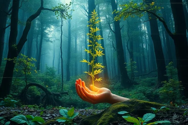 Figura humana cuidando un árbol joven con luz espiritual en un bosque regenerado